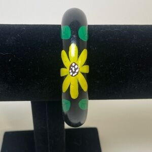 Vintage Floral Black and Yellow Wooden Bangle Bracelet